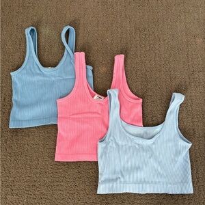 Ribbed Knit Tank Top Set - Blue and Pink